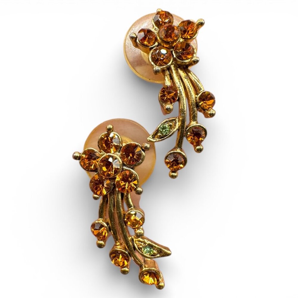 Vintage Pierced Earrings Gold Tone and Amber Coloured Rhinestones